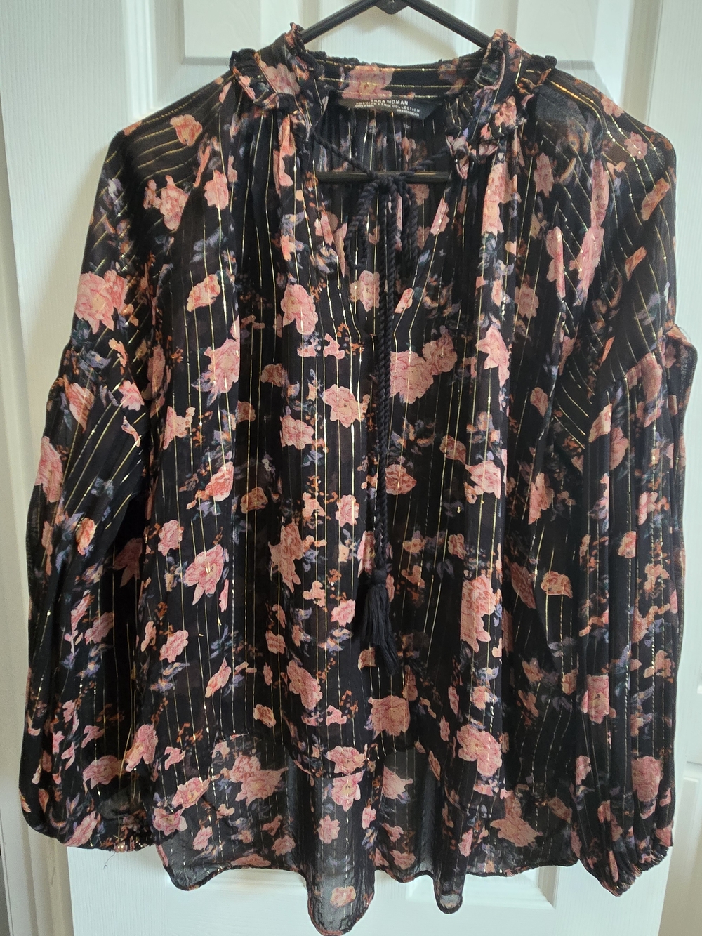 Zara Woman Floral Metallic Stripe Blouse - Black & Pink - Picture 2 of 3